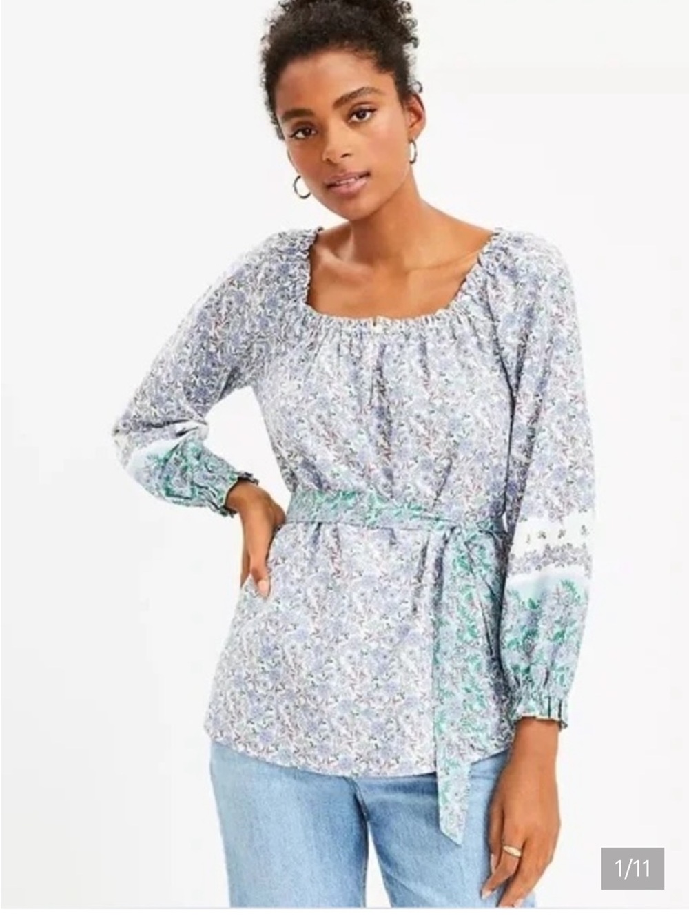 Loft boho floral tie waist blouse green purple size small